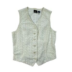 Lizsport Vest Womens 8 White Cotton Floral Lace Boho Belted Back Button Front